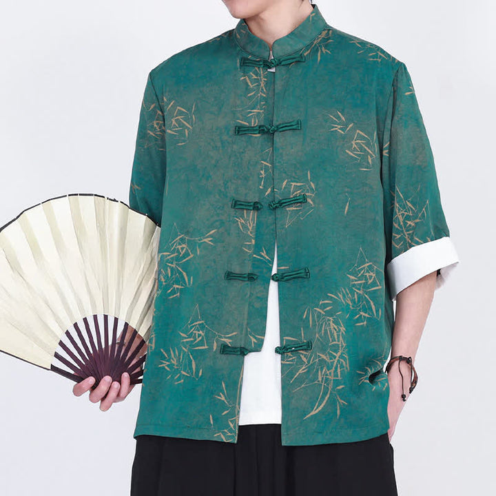 Buddha Stones Chemise d'été pour homme à manches trois-quarts, imprimé bambou, col mandarin et boutons brandebourg - CadetBlue - US/UK/AU46，EU56 (5XL) - image 7