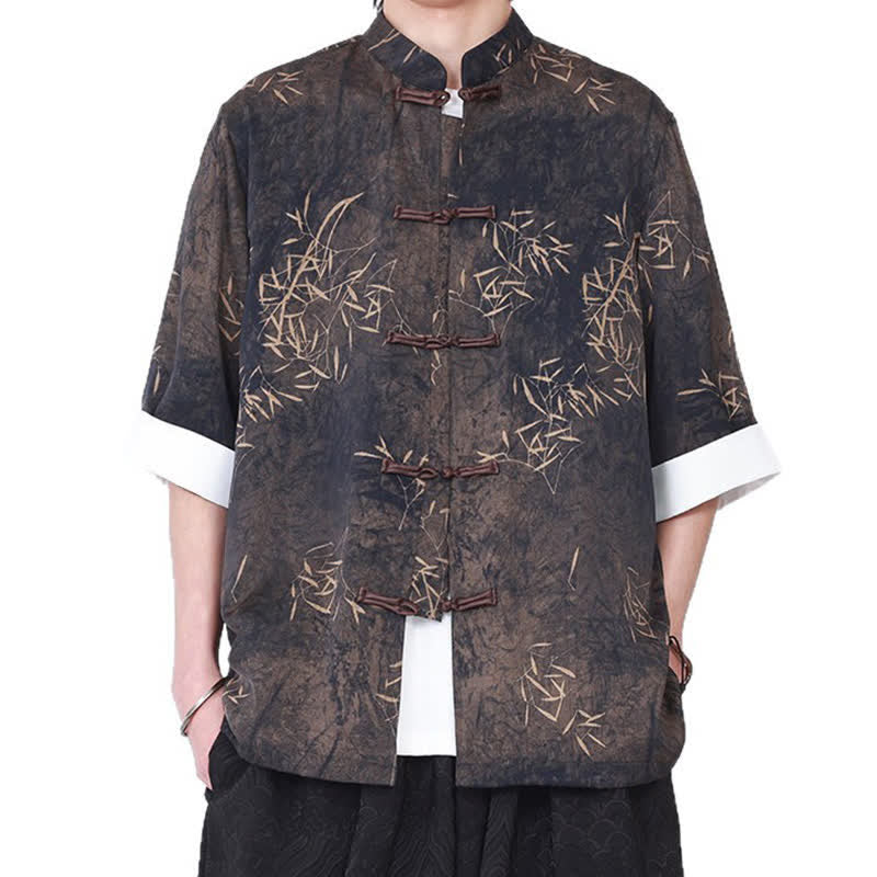 Buddha Stones Chemise d'été pour homme à manches trois-quarts, imprimé bambou, col mandarin et boutons brandebourg - image 5
