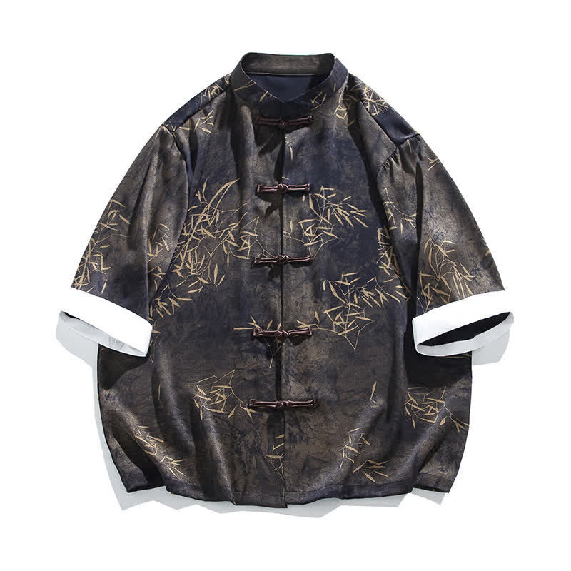 Buddha Stones Chemise d'été pour homme à manches trois-quarts, imprimé bambou, col mandarin et boutons brandebourg - image 6