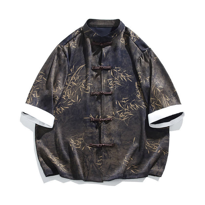 Buddha Stones Chemise d'été pour homme à manches trois-quarts, imprimé bambou, col mandarin et boutons brandebourg - image 6