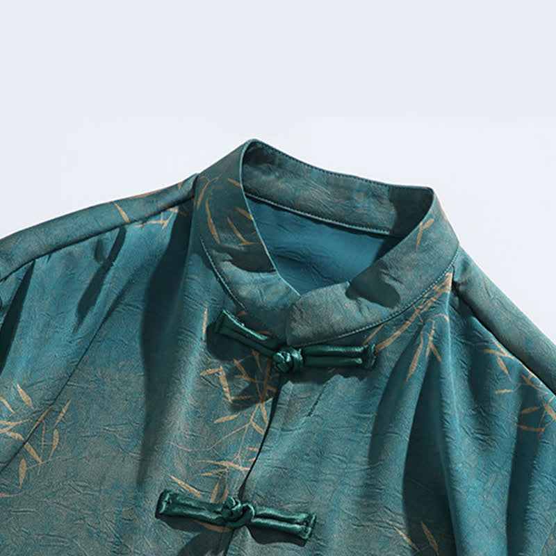 Buddha Stones Chemise d'été pour homme à manches trois-quarts, imprimé bambou, col mandarin et boutons brandebourg - image 12