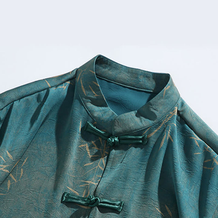 Buddha Stones Chemise d'été pour homme à manches trois-quarts, imprimé bambou, col mandarin et boutons brandebourg - image 12