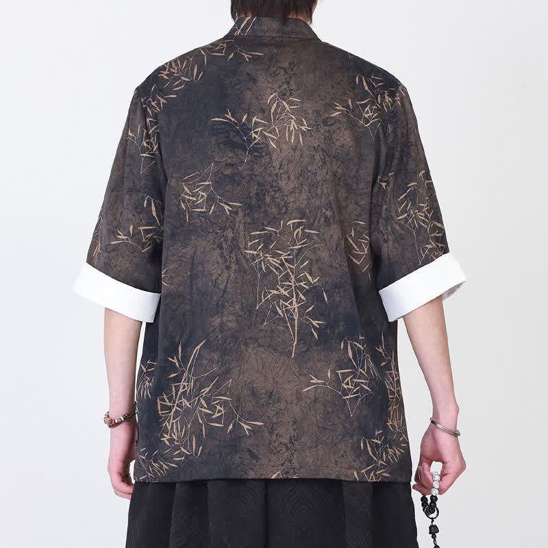 Buddha Stones Chemise d'été pour homme à manches trois-quarts, imprimé bambou, col mandarin et boutons brandebourg - image 4