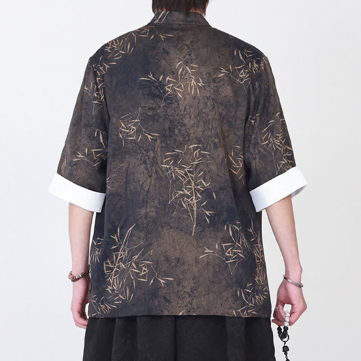 Buddha Stones Chemise d'été pour homme à manches trois-quarts, imprimé bambou, col mandarin et boutons brandebourg - image 4