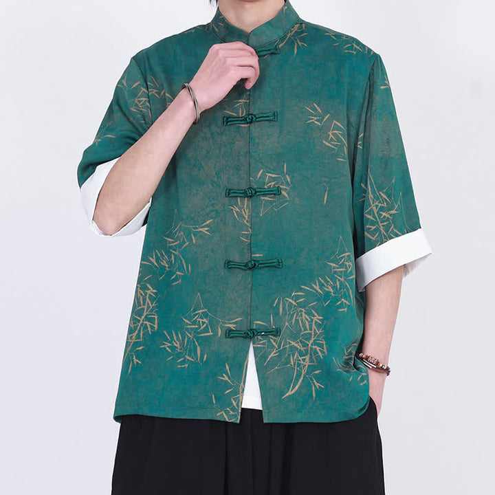 Buddha Stones Chemise d'été pour homme à manches trois-quarts, imprimé bambou, col mandarin et boutons brandebourg - image 9