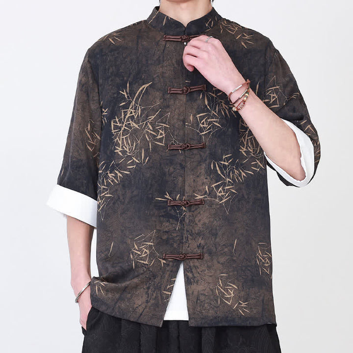 Buddha Stones Chemise d'été pour homme à manches trois-quarts, imprimé bambou, col mandarin et boutons brandebourg - image 2