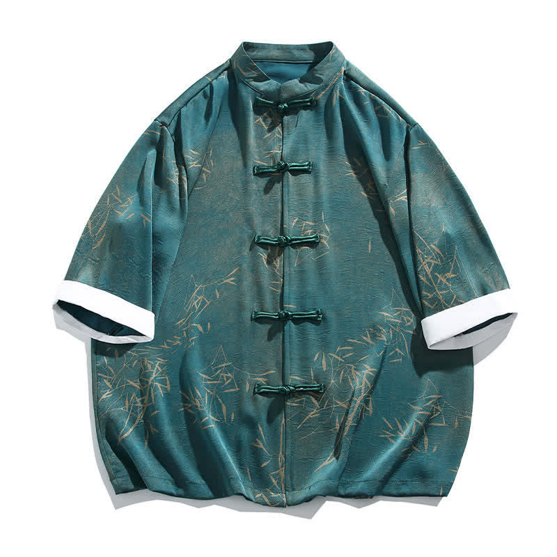 Buddha Stones Chemise d'été pour homme à manches trois-quarts, imprimé bambou, col mandarin et boutons brandebourg - image 11