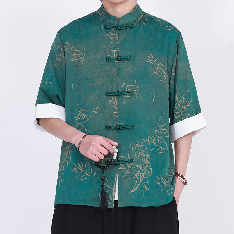 Buddha Stones Chemise d'été pour homme à manches trois-quarts, imprimé bambou, col mandarin et boutons brandebourg - image 10