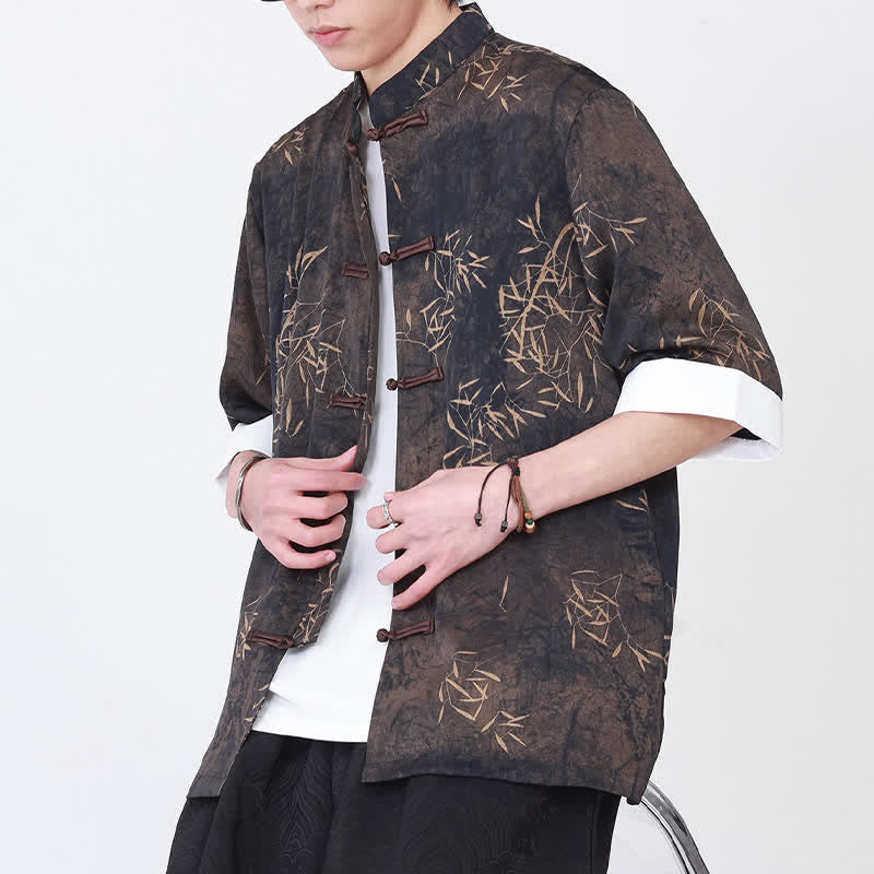 Buddha Stones Chemise d'été pour homme à manches trois-quarts, imprimé bambou, col mandarin et boutons brandebourg - image 3