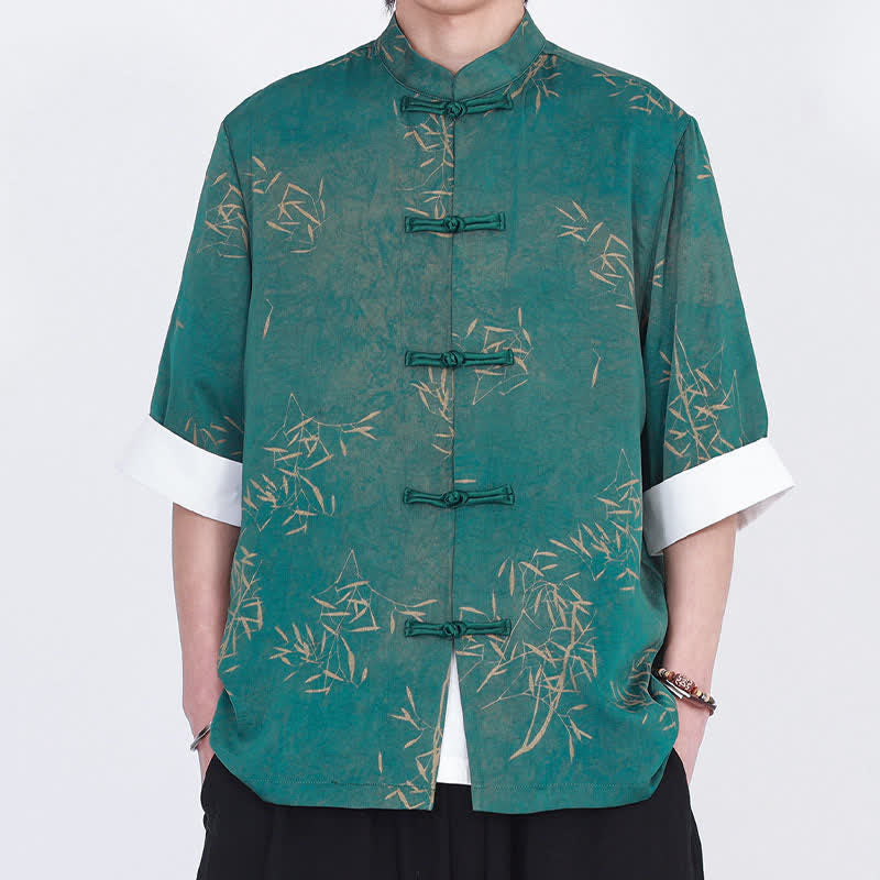 Buddha Stones Chemise d'été pour homme à manches trois-quarts, imprimé bambou, col mandarin et boutons brandebourg - image 8