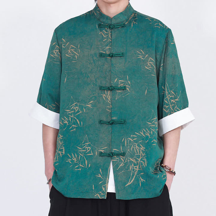 Buddha Stones Chemise d'été pour homme à manches trois-quarts, imprimé bambou, col mandarin et boutons brandebourg - image 8
