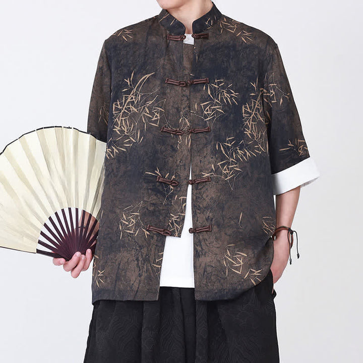 Buddha Stones Chemise d'été pour homme à manches trois-quarts, imprimé bambou, col mandarin et boutons brandebourg - SaddleBrown - US/UK/AU46，EU56 (5XL) - image 0