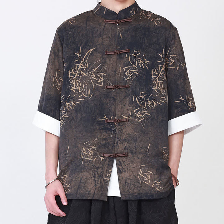 Buddha Stones Chemise d'été pour homme à manches trois-quarts, imprimé bambou, col mandarin et boutons brandebourg - image 1