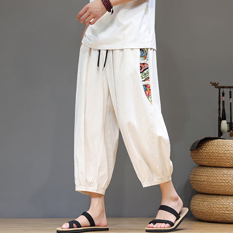 Buddha Stones Pantalon Capri fuselé pour homme, à rayures latérales tribales et cordon de serrage à la taille, avec poches - Beige - US/UK/AU46，EU56 (5XL) - image 0