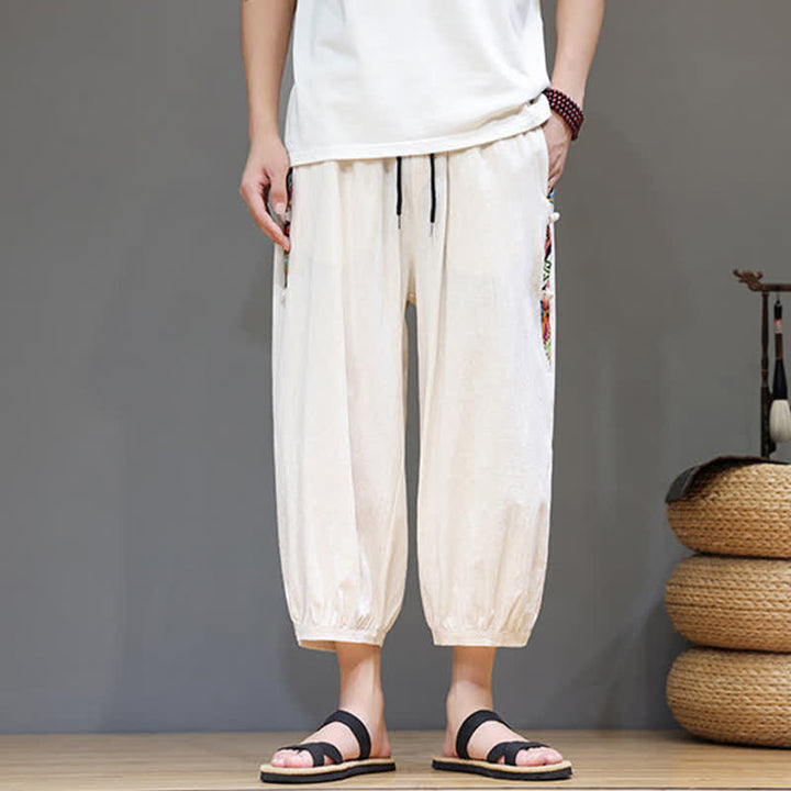 Buddha Stones Pantalon Capri fuselé pour homme, à rayures latérales tribales et cordon de serrage à la taille, avec poches - image 1