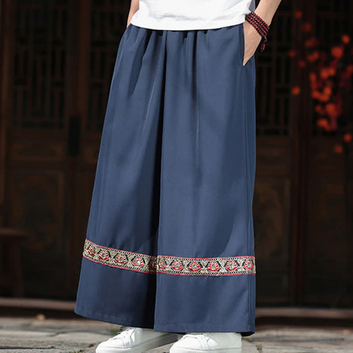 Buddha Stones Pantalon d'été court à jambes larges et poches pour homme, en coton brodé avec ourlet et taille élastique - image 2