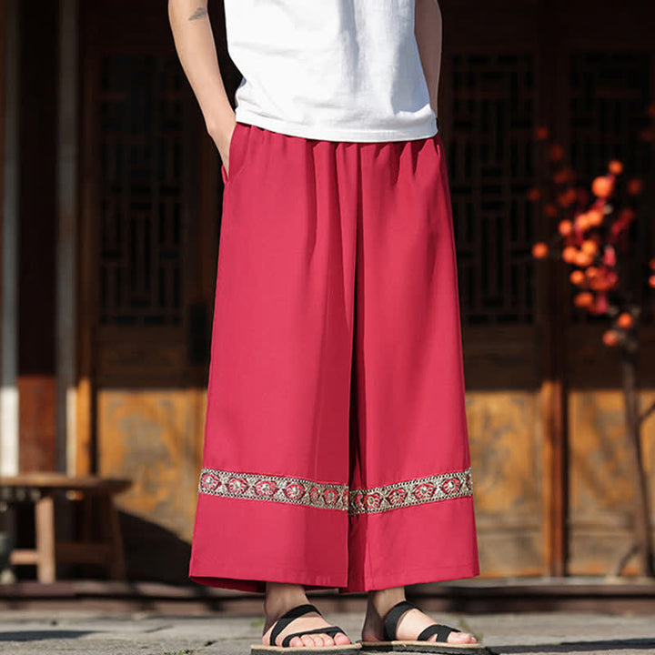 Buddha Stones Pantalon d'été court à jambes larges et poches pour homme, en coton brodé avec ourlet et taille élastique - image 7