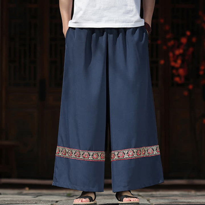 Buddha Stones Pantalon d'été court à jambes larges et poches pour homme, en coton brodé avec ourlet et taille élastique - image 1