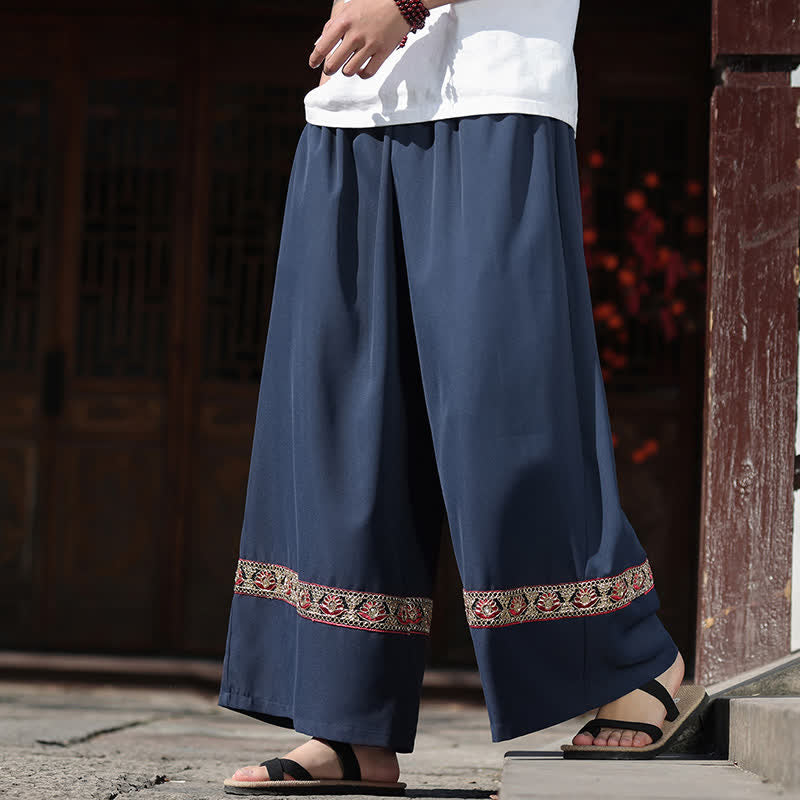 Buddha Stones Pantalon d'été court à jambes larges et poches pour homme, en coton brodé avec ourlet et taille élastique - image 0