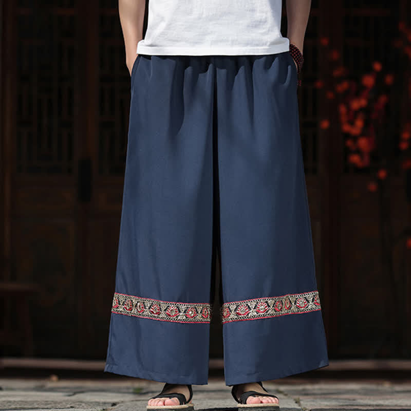 Buddha Stones Pantalon d'été court à jambes larges et poches pour homme, en coton brodé avec ourlet et taille élastique - image 1