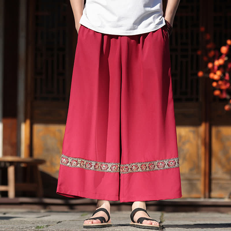 Buddha Stones Pantalon d'été court à jambes larges et poches pour homme, en coton brodé avec ourlet et taille élastique - image 8