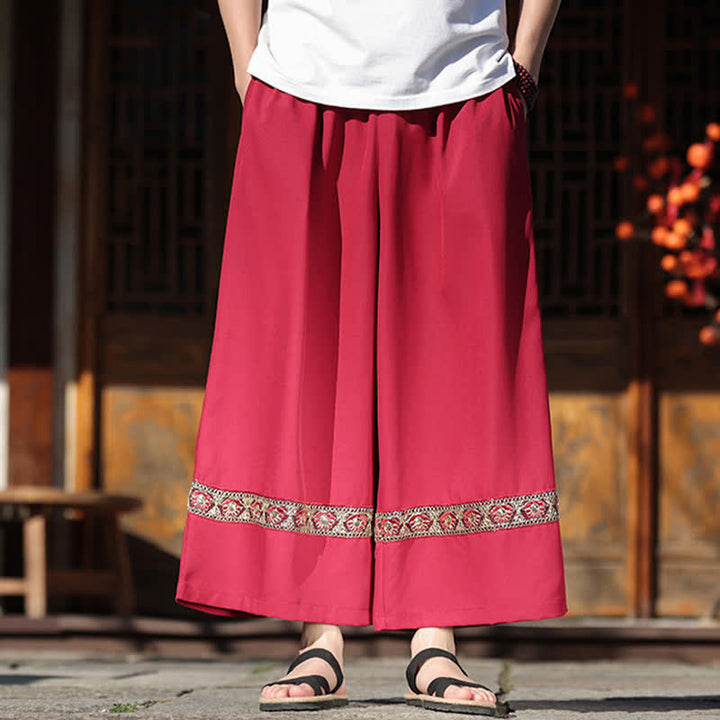 Buddha Stones Pantalon d'été court à jambes larges et poches pour homme, en coton brodé avec ourlet et taille élastique - image 8