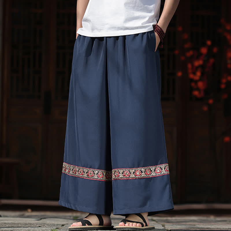 Buddha Stones Pantalon d'été court à jambes larges et poches pour homme, en coton brodé avec ourlet et taille élastique - image 4