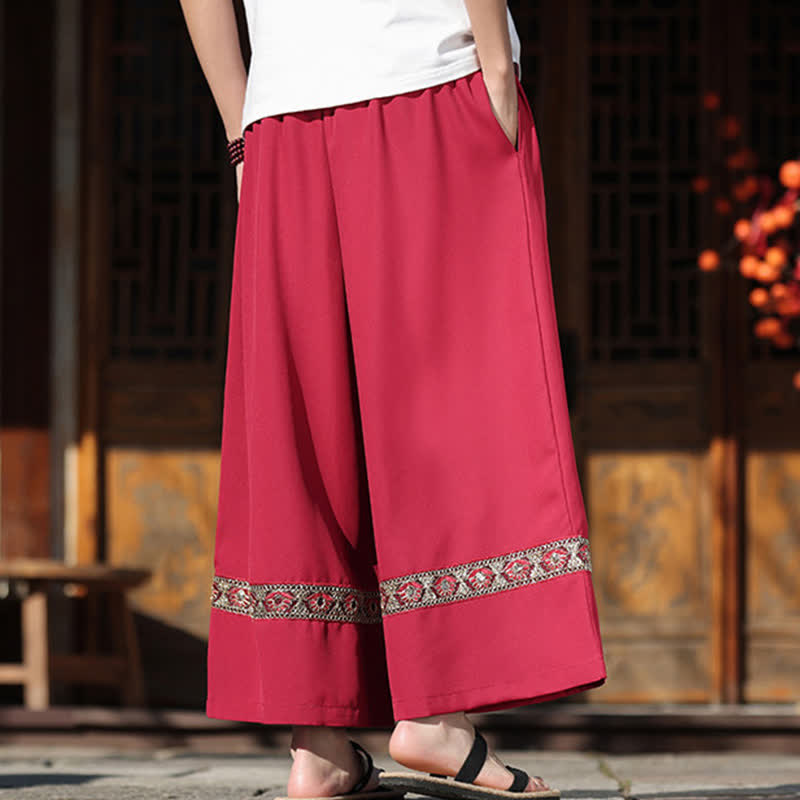 Buddha Stones Pantalon d'été court à jambes larges et poches pour homme, en coton brodé avec ourlet et taille élastique - image 9