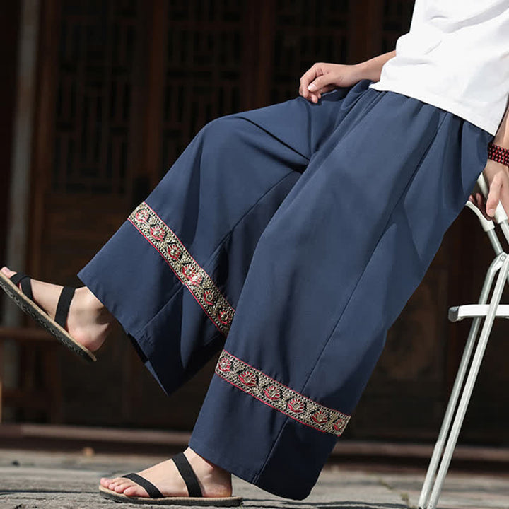 Buddha Stones Pantalon d'été court à jambes larges et poches pour homme, en coton brodé avec ourlet et taille élastique - image 3