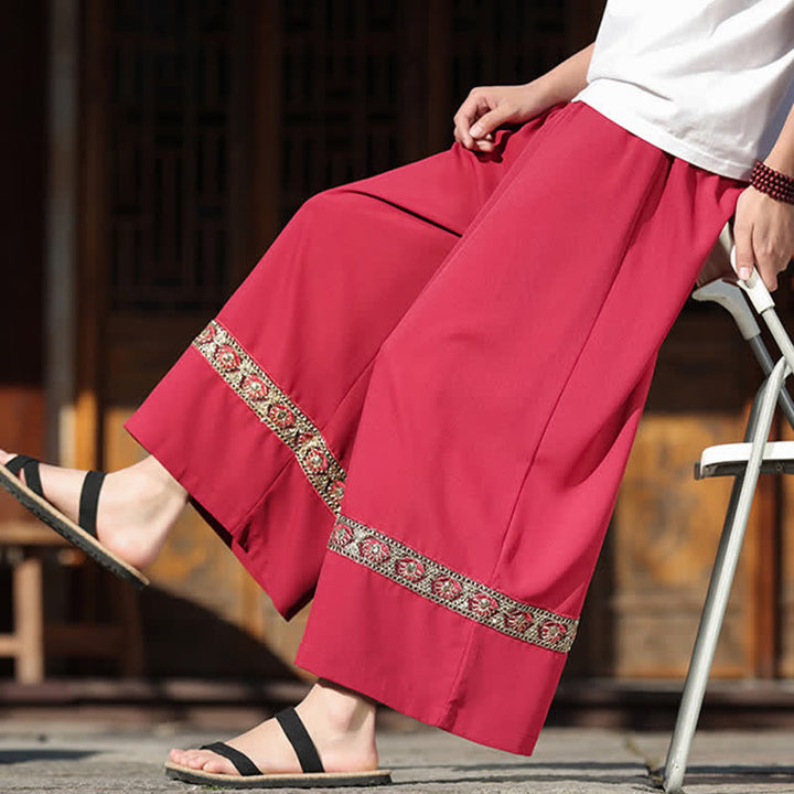 Buddha Stones Pantalon d'été court à jambes larges et poches pour homme, en coton brodé avec ourlet et taille élastique - image 10