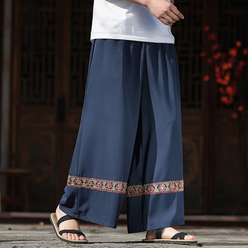 Buddha Stones Pantalon d'été court à jambes larges et poches pour homme, en coton brodé avec ourlet et taille élastique - image 5