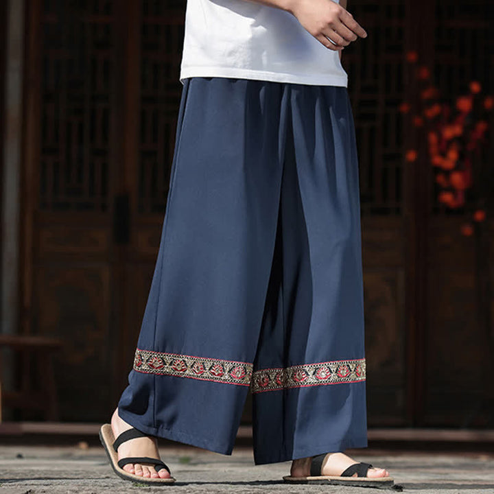 Buddha Stones Pantalon d'été court à jambes larges et poches pour homme, en coton brodé avec ourlet et taille élastique - image 5