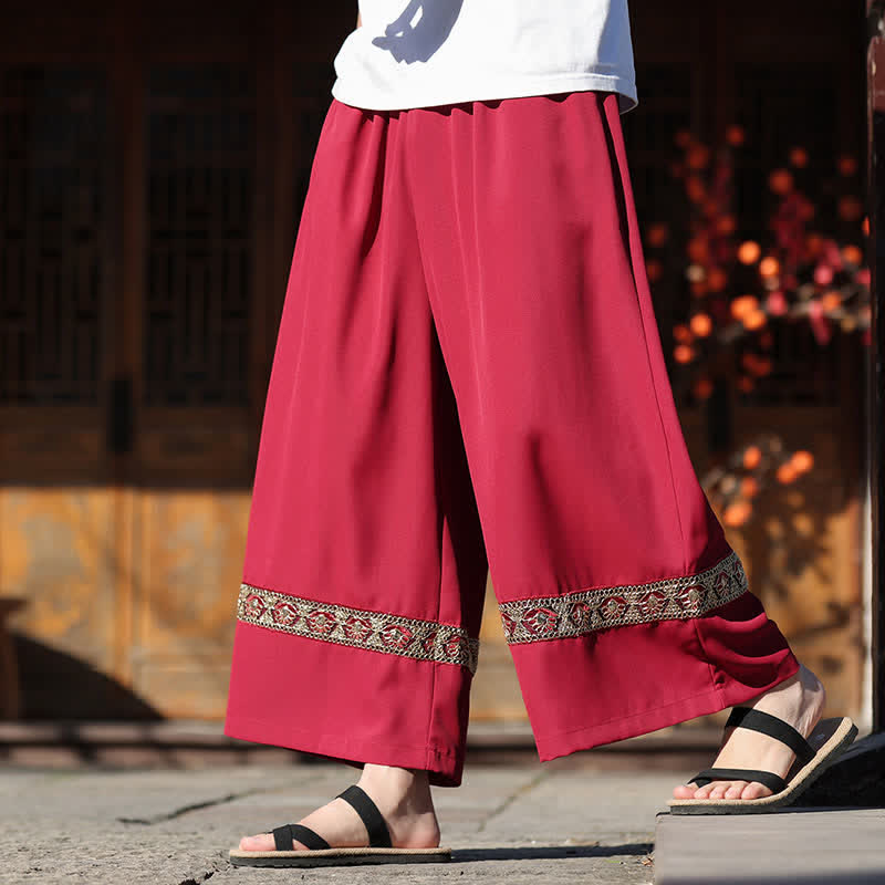 Buddha Stones Pantalon d'été court à jambes larges et poches pour homme, en coton brodé avec ourlet et taille élastique - image 6
