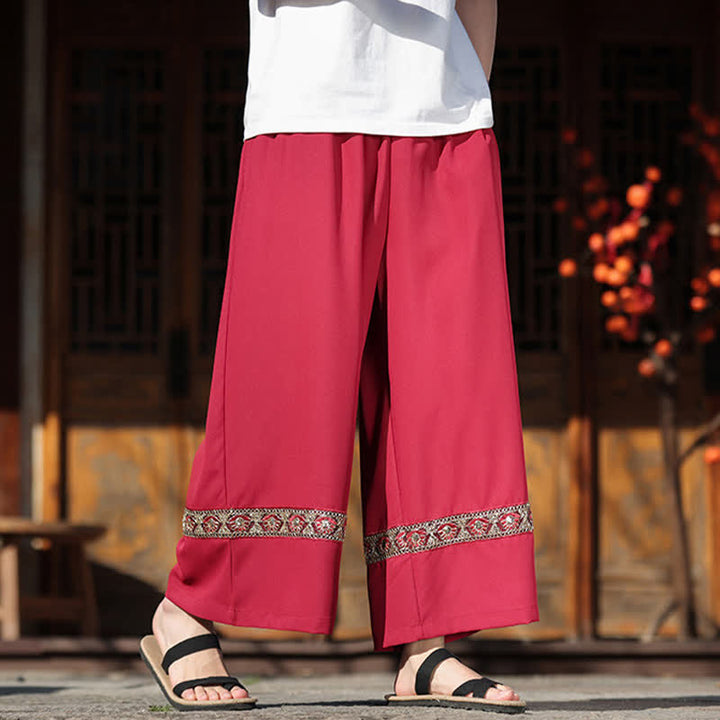 Buddha Stones Pantalon d'été court à jambes larges et poches pour homme, en coton brodé avec ourlet et taille élastique - image 11