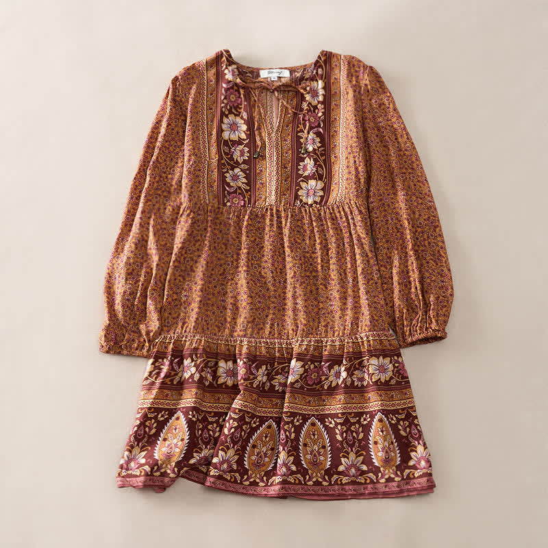 Buddha Stones Robe mini automnale bohème en coton à imprimé floral cachemire, manches bouffantes et col à nouer. - Pérou - US2，UK/AU6，EU34 (S) - image 6
