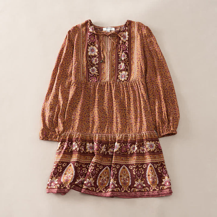 Buddha Stones Robe mini automnale bohème en coton à imprimé floral cachemire, manches bouffantes et col à nouer. - Pérou - US2，UK/AU6，EU34 (S) - image 6