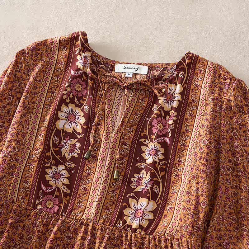Buddha Stones Robe mini automnale bohème en coton à imprimé floral cachemire, manches bouffantes et col à nouer. - image 7