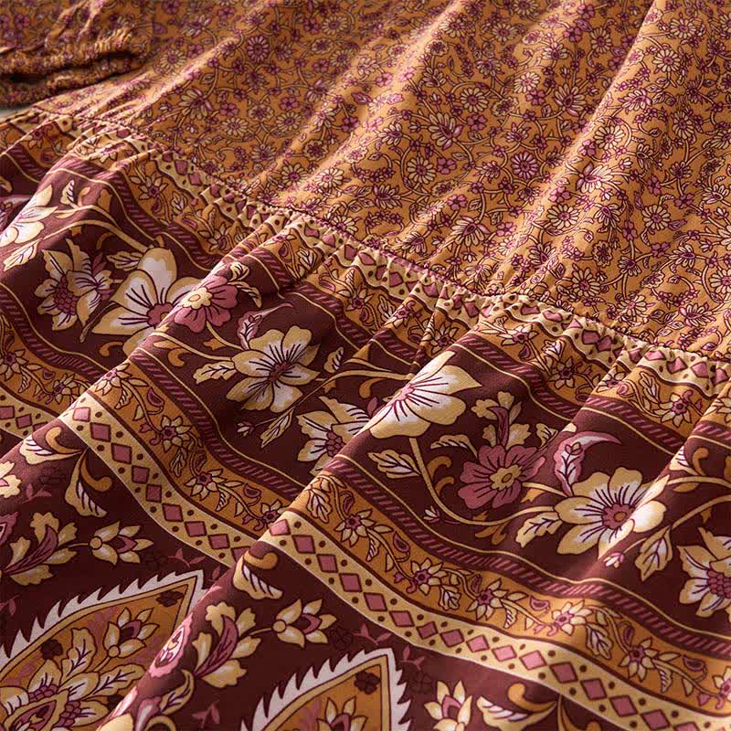 Buddha Stones Robe mini automnale bohème en coton à imprimé floral cachemire, manches bouffantes et col à nouer. - image 10