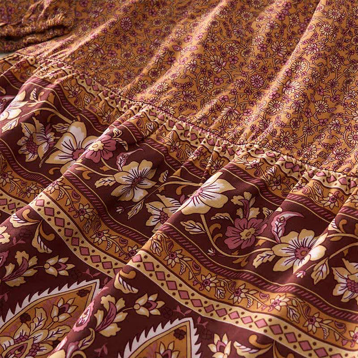 Buddha Stones Robe mini automnale bohème en coton à imprimé floral cachemire, manches bouffantes et col à nouer. - image 10