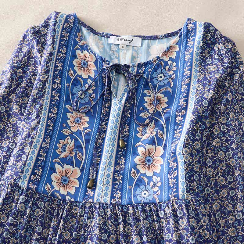 Buddha Stones Robe mini automnale bohème en coton à imprimé floral cachemire, manches bouffantes et col à nouer. - image 2