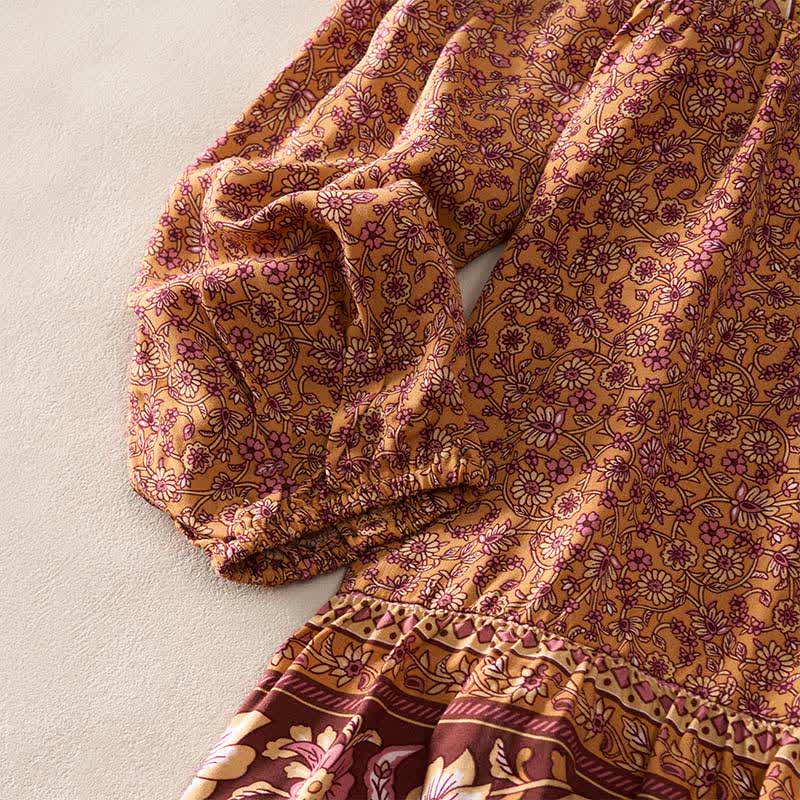 Buddha Stones Robe mini automnale bohème en coton à imprimé floral cachemire, manches bouffantes et col à nouer. - image 8
