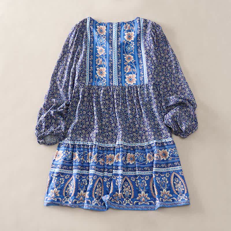 Buddha Stones Robe mini automnale bohème en coton à imprimé floral cachemire, manches bouffantes et col à nouer. - Bleu royal - US2，UK/AU6，EU34 (S) - image 1