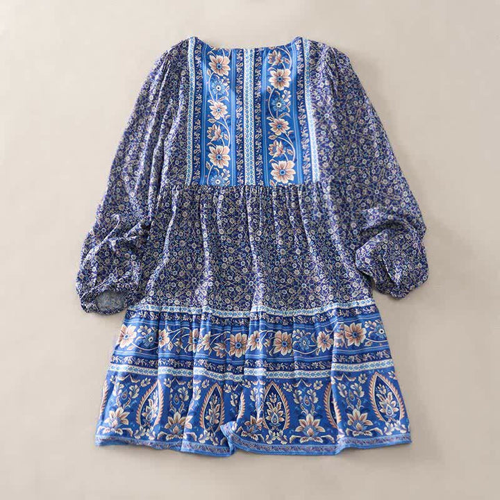 Buddha Stones Robe mini automnale bohème en coton à imprimé floral cachemire, manches bouffantes et col à nouer. - Bleu royal - US2，UK/AU6，EU34 (S) - image 1
