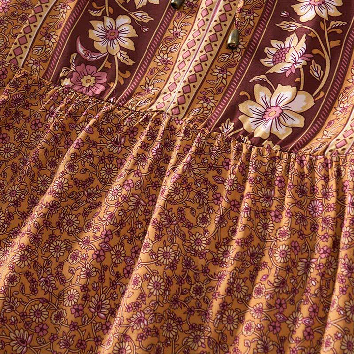 Buddha Stones Robe mini automnale bohème en coton à imprimé floral cachemire, manches bouffantes et col à nouer. - image 9