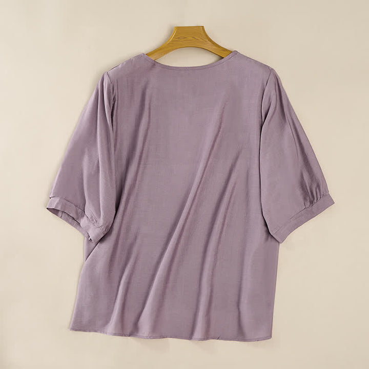 Buddha Stones T-shirts femme printemps bohèmes en coton et lin brodés, manches coude - image 8