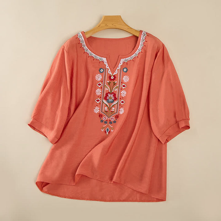 Buddha Stones T-shirts femme printemps bohèmes en coton et lin brodés, manches coude - Orange - US16，UK/AU20，EU48 (3XL) - image 0