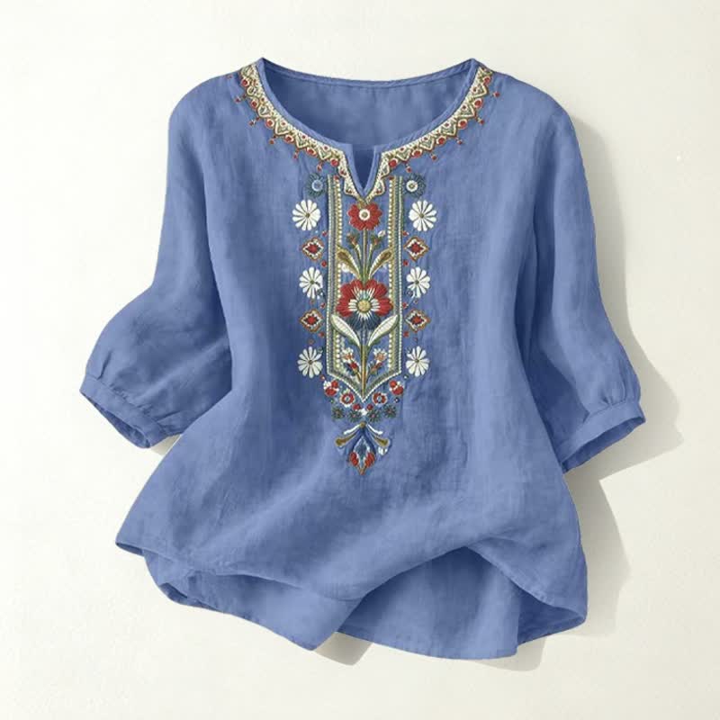 T-shirts femme à manches coude brodées, style bohème printanier, avec Buddha Stones - Bleu denim - US16，UK/AU20，EU48 (3XL) - image 26