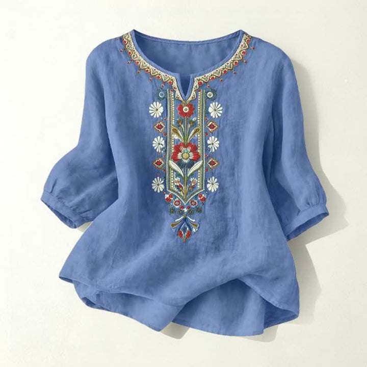 T-shirts femme à manches coude brodées, style bohème printanier, avec Buddha Stones - Bleu denim - US16，UK/AU20，EU48 (3XL) - image 26