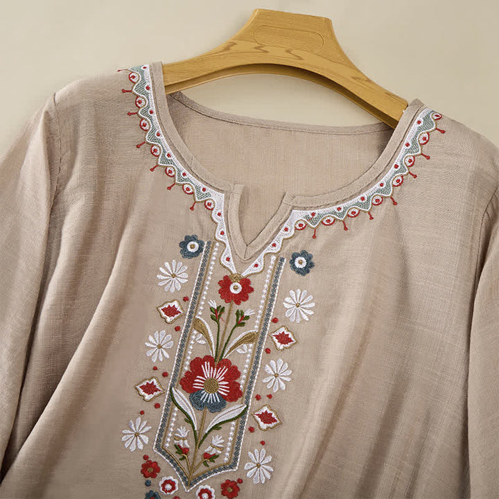 Buddha Stones T-shirts femme printemps bohèmes en coton et lin brodés, manches coude - image 20