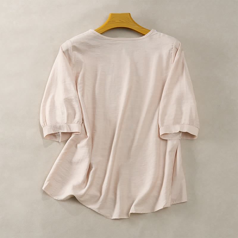 Buddha Stones T-shirts femme printemps bohèmes en coton et lin brodés, manches coude - image 14